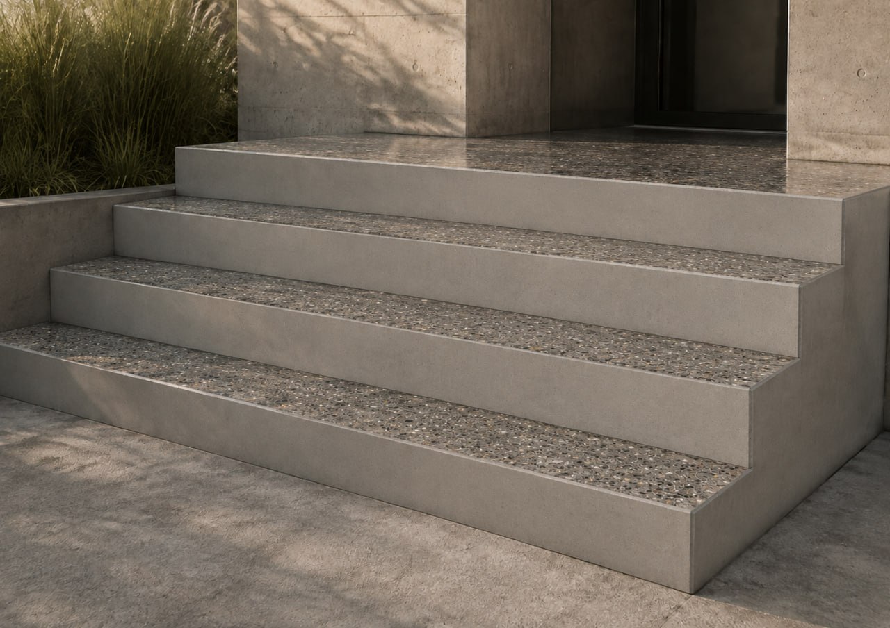 Restored concrete entrance steps with exposed-aggregate treads