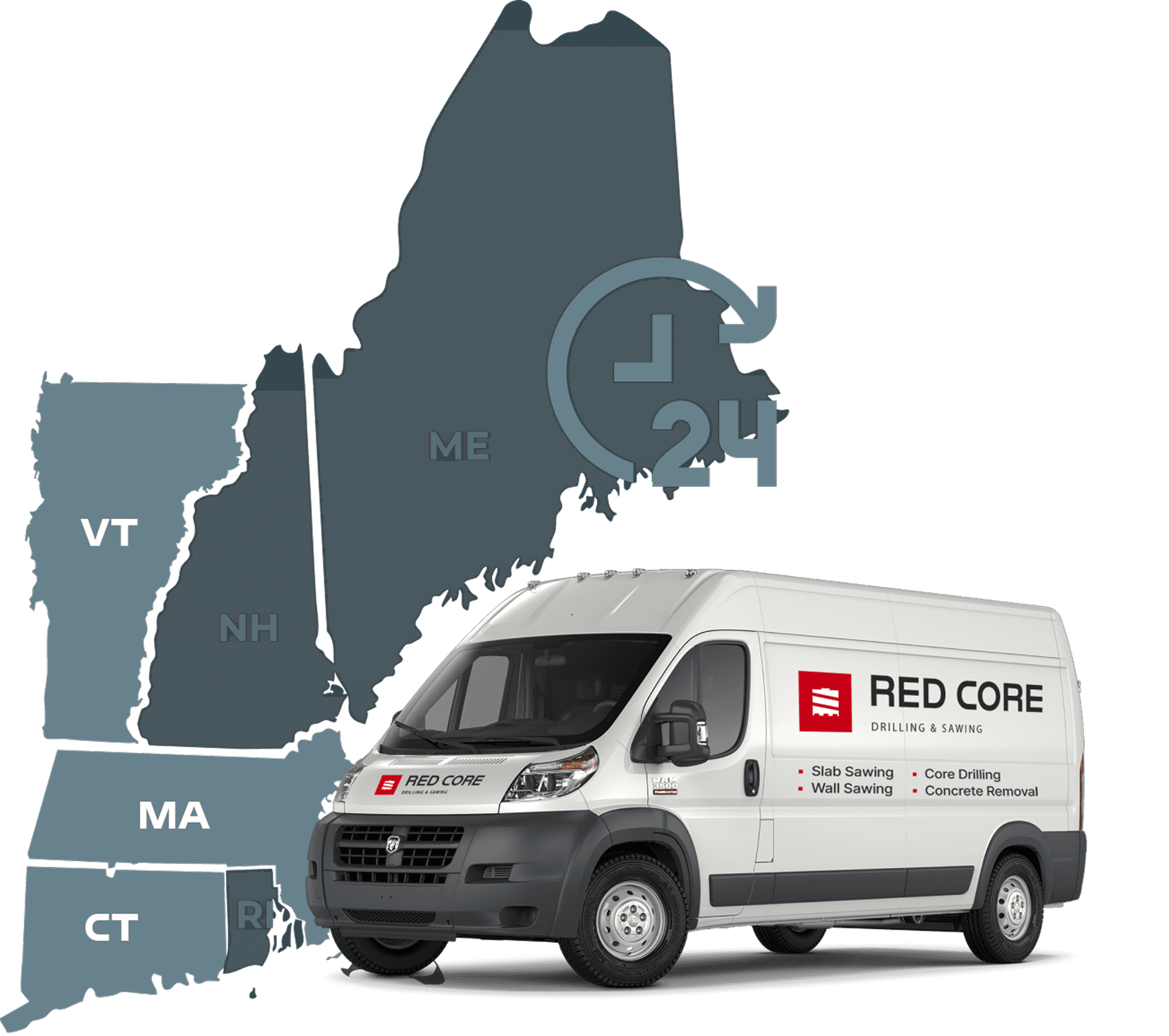Red Core service van with New England map